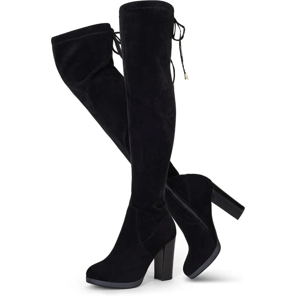Women's Black-imitation Grain Synthetic suede Thigh High Over The Knee Tall Boot